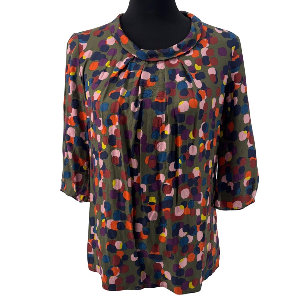Boden Women Olive Green Abstract Dot Silk Viscose Roll Collar Blouse WA521 US 6